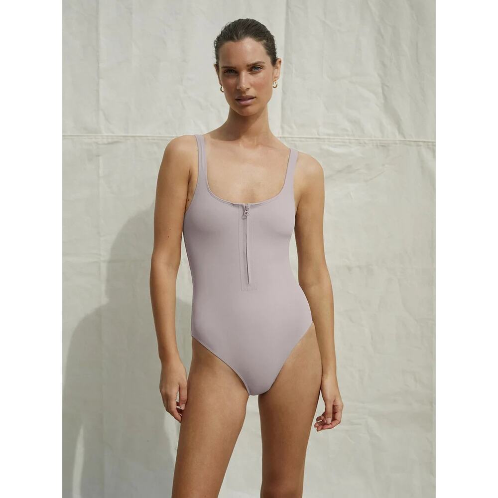 Varley EUC Etherea Sand Tan Hills Scoop Neck Cutout Back One Piece Swimsuit L